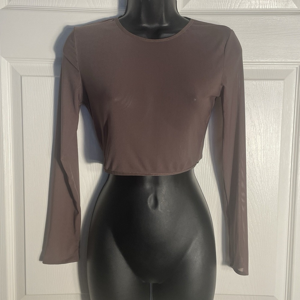 Iris Cropped Mesh Shirt Women M Brown Sheer Long Sleeve Whimsigoth Festival Top